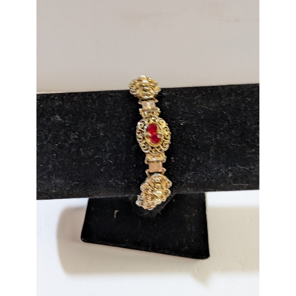 Vintage Gold Tone Filigree Link Bracelet Multi Color Rhinestone Faux Pearl 7in